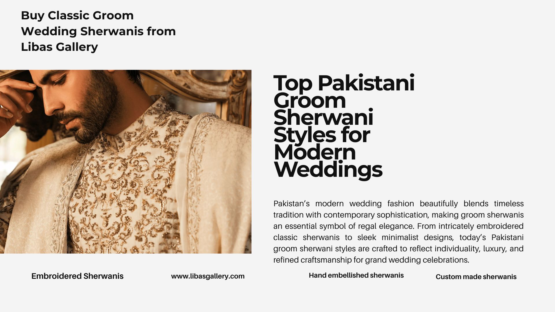 Top Pakistani latest Sherwani styles for modern grooms crafted on premium fabrics with hand embellishment gold antique paired with kulla shoes shawl for complete barat nikah look